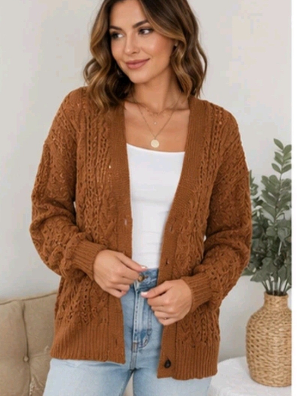 Time and Tru Cable Knit Cardigan Sweater Women's XL & XXL  Brown Textured Chunky